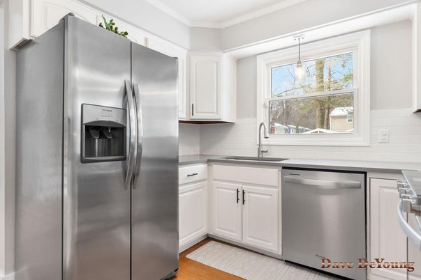 Interior, Kitchen, Pendant Lights, Stainless Steel Appliances, Wood Texture Flooring