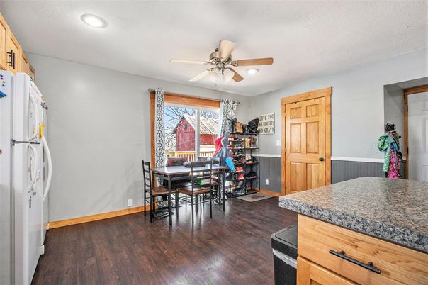 Dining room, Interior, Recessed Lighting, Wood Texture Flooring