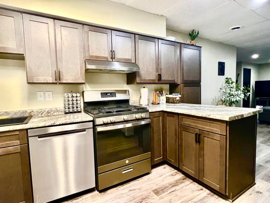 Interior, Kitchen, Recessed Lighting, Stainless Steel Appliances, Wood Texture Flooring