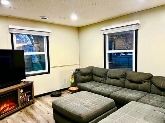 Fireplace, Interior, Living room, Recessed Lighting, Wood Texture Flooring