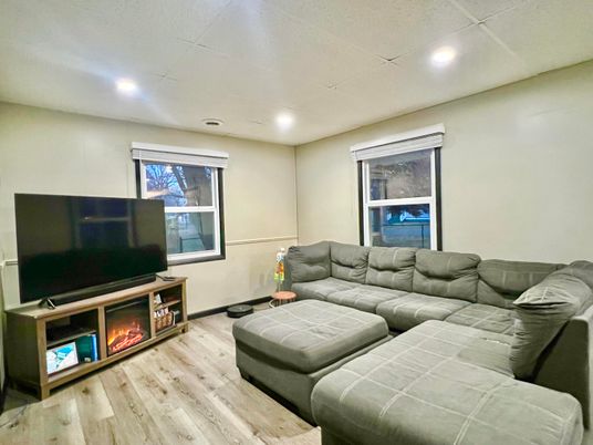 Fireplace, Interior, Living room, Recessed Lighting, Wood Texture Flooring