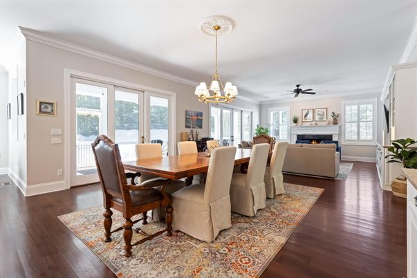 Chandelier, Dining room, Fireplace, Interior, Living room, Wood Texture Flooring