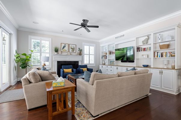 Fireplace, Interior, Living room, Recessed Lighting, Wood Texture Flooring