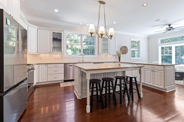 Chandelier, Interior, Kitchen, Recessed Lighting, Stainless Steel Appliances, Wood Texture Flooring