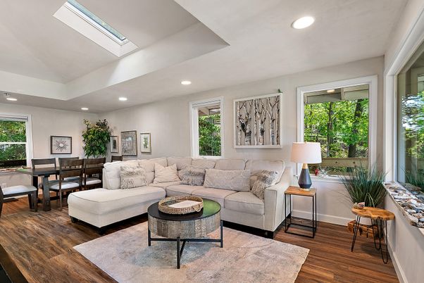 Dining room, Interior, Living room, Recessed Lighting, Wood Texture Flooring