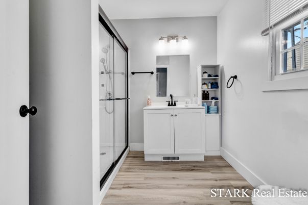Bathroom, Glass Shower, Interior, Wood Texture Flooring
