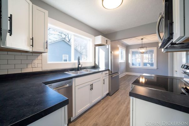 Interior, Kitchen, Pendant Lights, Stainless Steel Appliances, Wood Texture Flooring