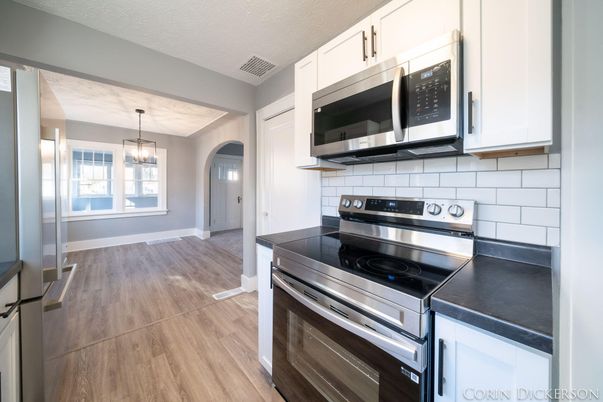 Interior, Kitchen, Pendant Lights, Stainless Steel Appliances, Wood Texture Flooring