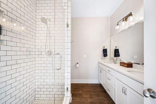 Bathroom, Dual Sink Vanities, Glass Shower, Interior, Wood Texture Flooring