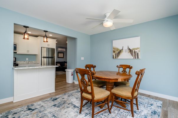 Dining room, Interior, Kitchen, Pendant Lights, Stainless Steel Appliances, Wood Texture Flooring