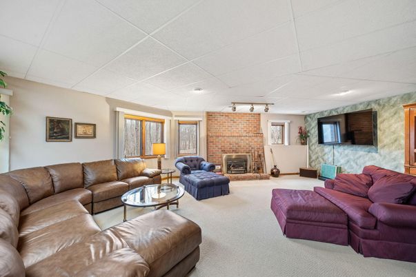 Fireplace, Interior, Living room, Recessed Lighting, Stone Walls