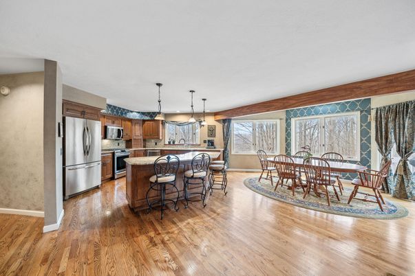 Dining room, Interior, Kitchen, Pendant Lights, Wood Texture Flooring