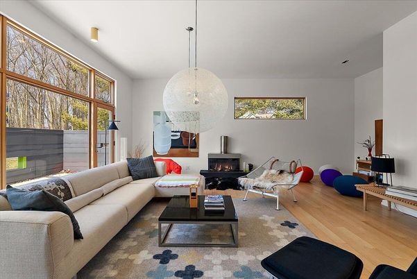 Fireplace, Interior, Living room, Pendant Lights, Wood Texture Flooring