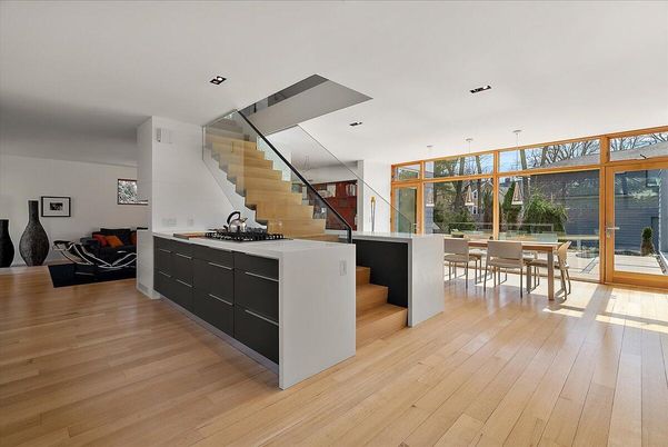 Dining room, Interior, Pendant Lights, Recessed Lighting, Wood Texture Flooring