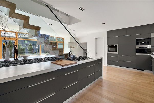 Interior, Kitchen, Recessed Lighting, Stainless Steel Appliances, Wood Texture Flooring