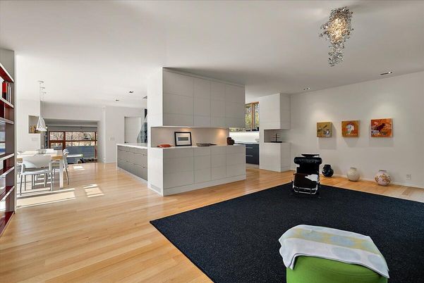 Dining room, Interior, Kitchen, Pendant Lights, Recessed Lighting, Wood Texture Flooring