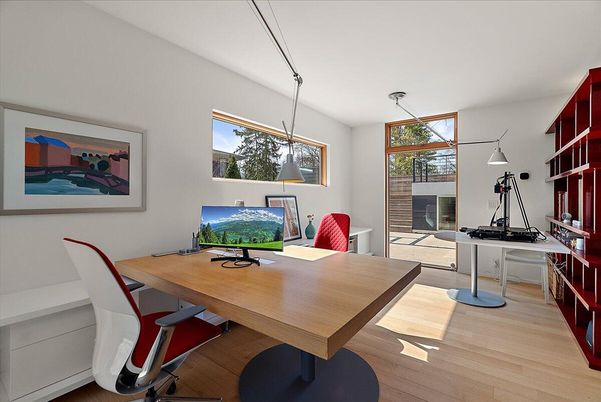 Home Office, Interior, Pendant Lights, Wood Texture Flooring