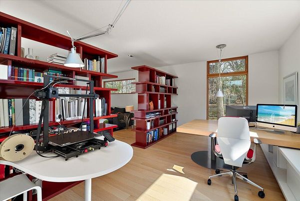 Home Office, Interior, Pendant Lights, Wood Texture Flooring