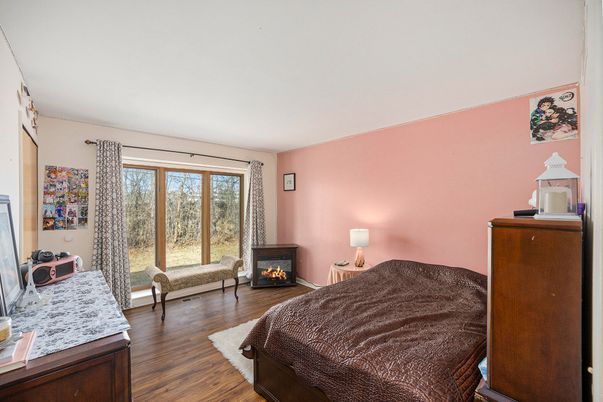Bedroom, Fireplace, Interior, Wood Texture Flooring