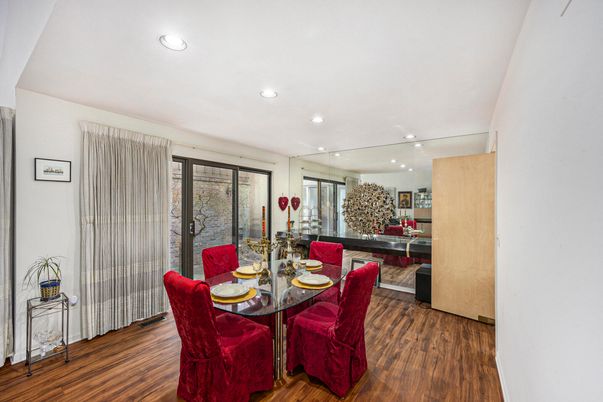 Dining room, Interior, Recessed Lighting, Wood Texture Flooring