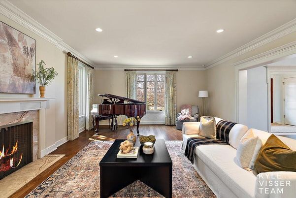 Fireplace, Interior, Living room, Piano, Recessed Lighting, Wood Texture Flooring