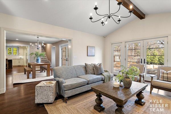 Chandelier, Dining room, Interior, Living room, Recessed Lighting, Wooden Beams, Wood Texture Flooring