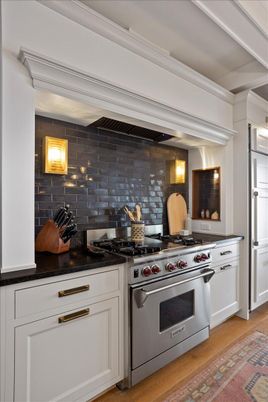 Interior, Kitchen, Stainless Steel Appliances, Stone Walls, Wood Texture Flooring