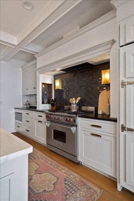 Interior, Kitchen, Recessed Lighting, Stainless Steel Appliances, Stone Walls, Wood Texture Flooring