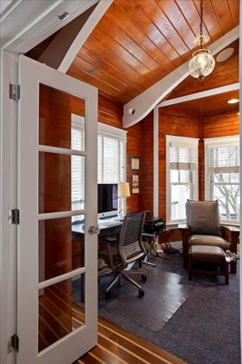 Home Office, Interior, Pendant Lights, Wooden Ceilings, Wood Texture Flooring, Wooden Walls
