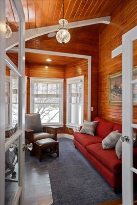 Interior, Living room, Pendant Lights, Recessed Lighting, Wooden Ceilings, Wooden Walls