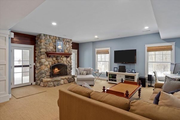 Fireplace, Interior, Living room, Recessed Lighting, Stone Walls