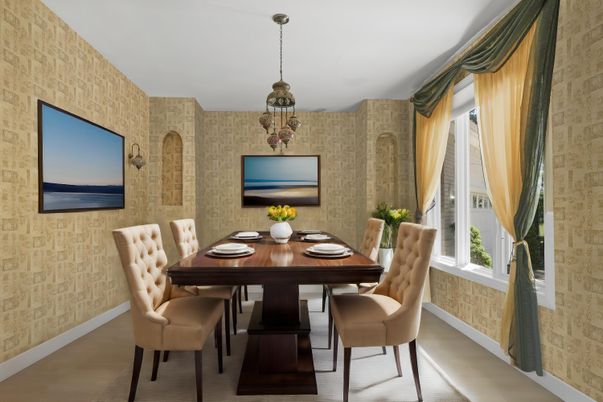 Dining room, Interior, Pendant Lights, Wood Texture Flooring