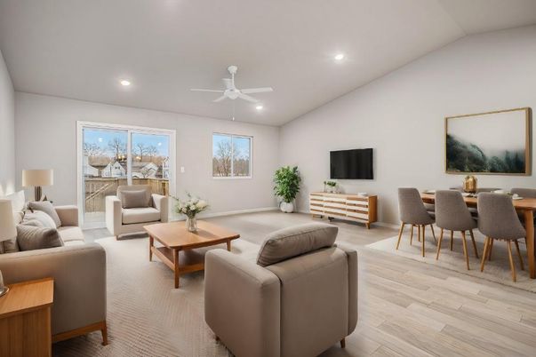 Dining room, Interior, Living room, Recessed Lighting, Wood Texture Flooring
