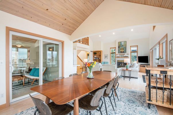Dining room, Fireplace, Interior, Living room, Recessed Lighting, Wooden Ceilings, Wood Texture Flooring
