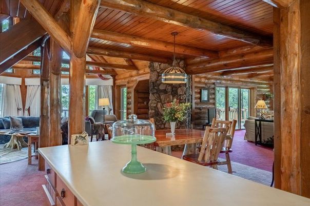 Dining room, Fireplace, Interior, Pendant Lights, Stone Walls, Wooden Beams, Wooden Ceilings