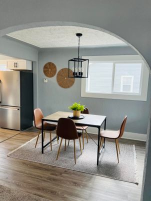 Dining room, Interior, Pendant Lights, Wood Texture Flooring