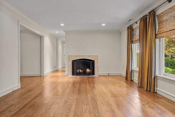 Empty room, Fireplace, Interior, Recessed Lighting, Wood Texture Flooring