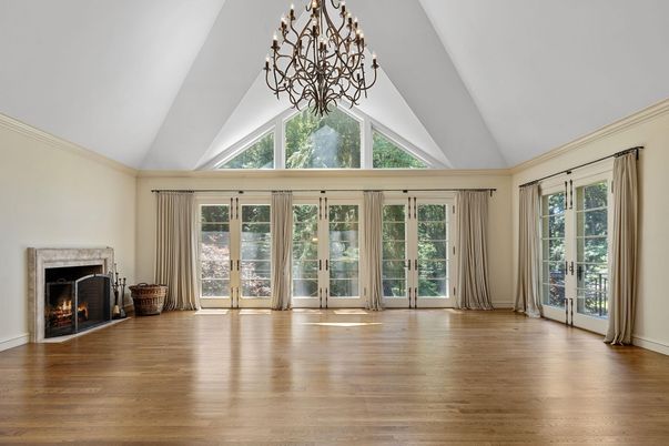 Chandelier, Empty room, Fireplace, Interior, Wood Texture Flooring