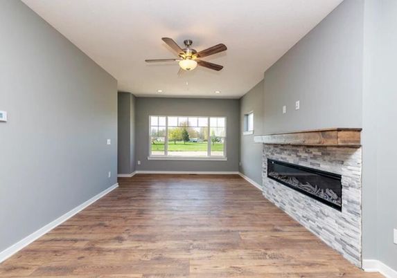 Empty room, Fireplace, Interior, Recessed Lighting, Wood Texture Flooring