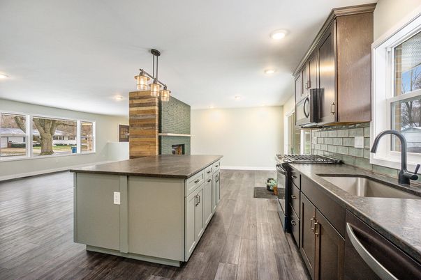 Interior, Kitchen, Pendant Lights, Recessed Lighting, Wood Texture Flooring