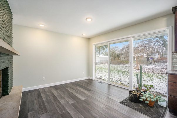 Empty room, Fireplace, Interior, Recessed Lighting, Wood Texture Flooring