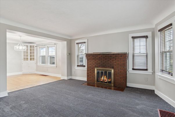Empty room, Fireplace, Interior, Pendant Lights, Wood Texture Flooring
