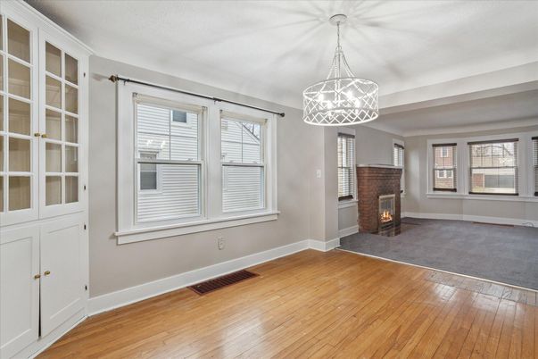 Empty room, Fireplace, Interior, Pendant Lights, Wood Texture Flooring