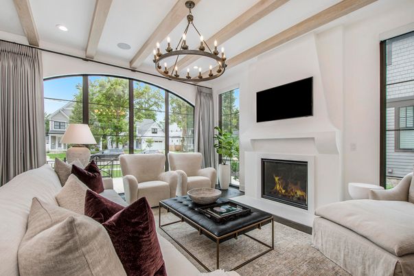 Chandelier, Fireplace, Interior, Living room, Recessed Lighting