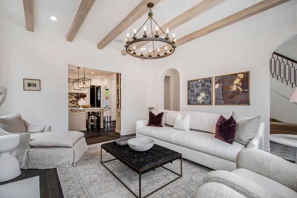 Chandelier, Interior, Kitchen, Living room, Pendant Lights, Recessed Lighting, Wooden Beams, Wood Texture Flooring