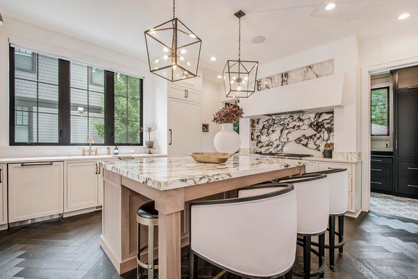 Interior, Kitchen, Marble Walls, Pendant Lights, Recessed Lighting, Stainless Steel Appliances, Wood Texture Flooring