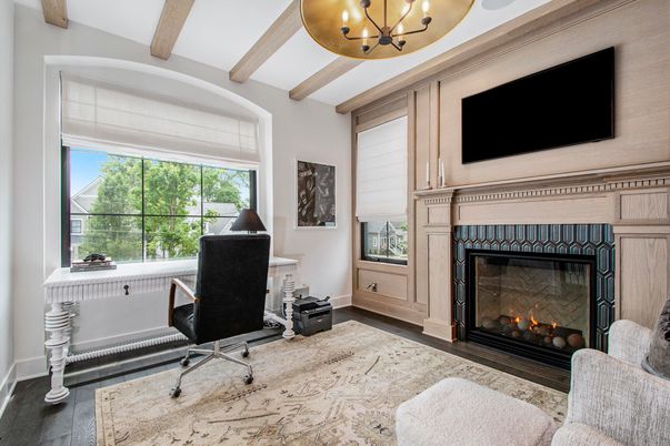 Chandelier, Fireplace, Home Office, Interior, Wooden Beams