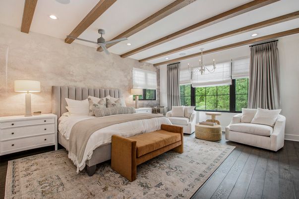 Bedroom, Interior, Pendant Lights, Recessed Lighting, Wooden Beams, Wood Texture Flooring