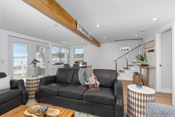 Dining room, Interior, Living room, Recessed Lighting, Water, Wooden Beams, Wood Texture Flooring