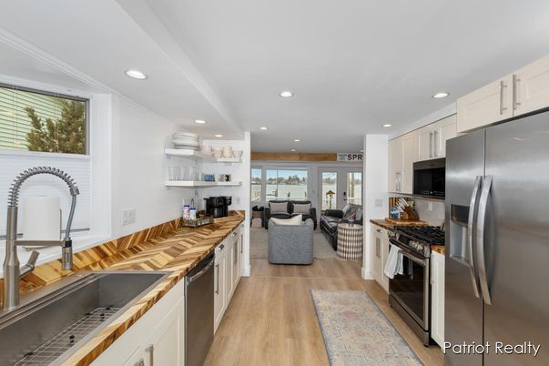 Interior, Kitchen, Living room, Recessed Lighting, Stainless Steel Appliances, Wood Texture Flooring